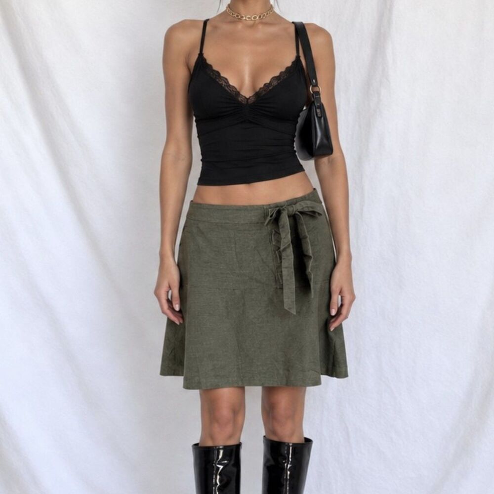 Vintage Y2K 90s Camo Green Bow Tie Detail Knee Length Flared Skirt Size S/M